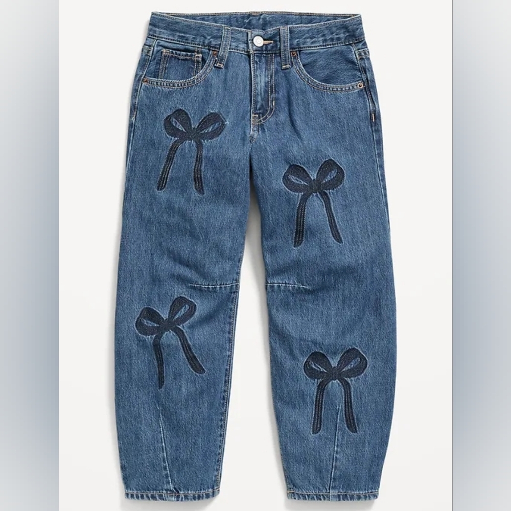 🌈 Super Old Navy Mid-Rise Baggy Barrel Leg Blue Jeans with Bow Design - Picture 4 of 8